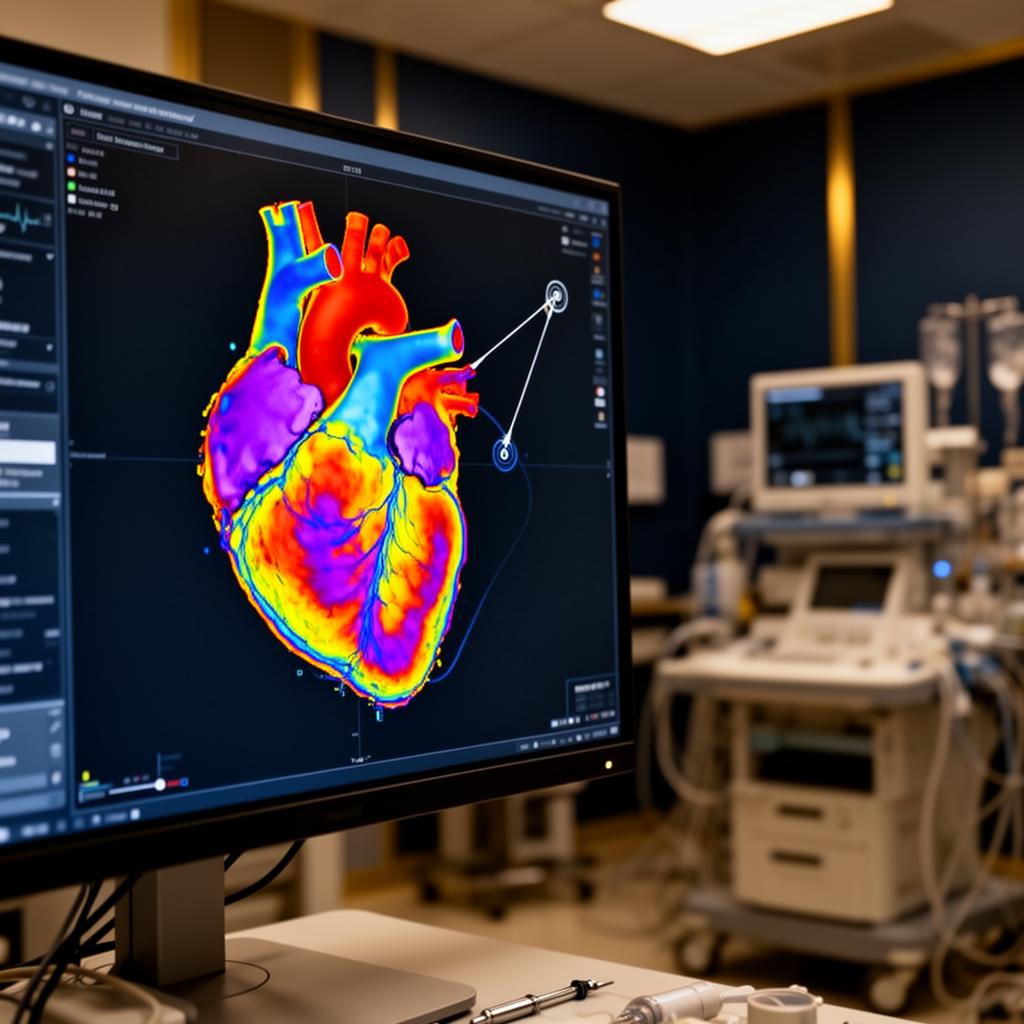 Tela de mapeamento eletroanatômico 3D do coração em sala de eletrofisiologia, com cateter visível